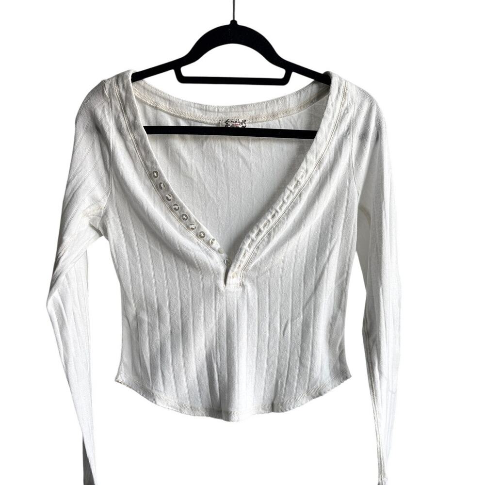 Free People Intimately White Ribbed Henley Long Sleeve Top Size Small